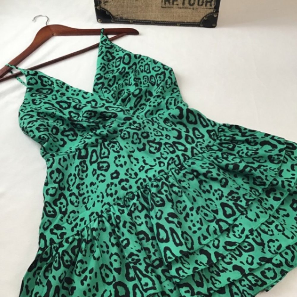 WAYF Tombly Green Leopard Print Ruffle Minidress